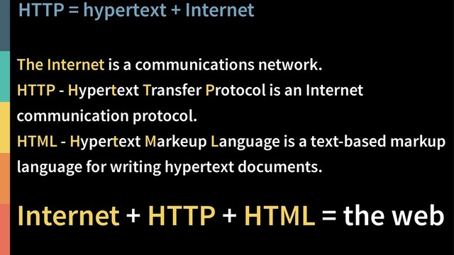 HTTP = hypertext + Internet
5
@PeterHilton •
The Internet is a communications network.
HTTP - Hypertext Transfer Protocol is an Internet
communication protocol.
HTML - Hypertext Markeup Language is a text-based markup
language for writing hypertext documents.
Internet + HTTP + HTML = the web
