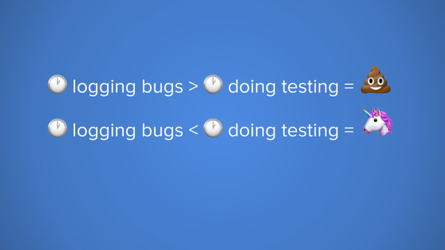  logging bugs >  doing testing =

 logging bugs <  doing testing =

 logging bugs ≃  doing testing =
