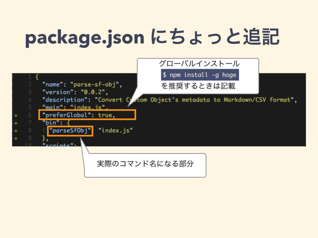 package.json ʹͪΐͬͱ௥ه
άϩʔόϧΠϯετʔϧ
OQNJHYYY

Λਪ঑͢Δͱ͖͸هࡌ
࣮ࡍͷίϚϯυ໊ʹͳΔ෦෼
$ npm install -g hoge
