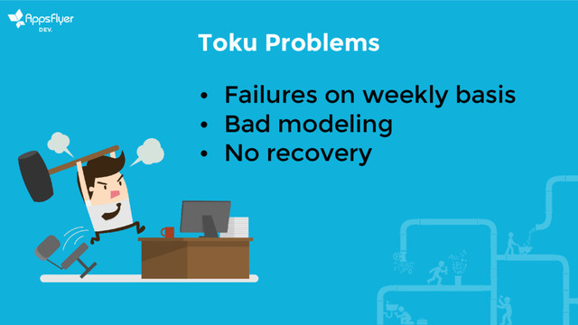 Toku Problems
• Failures on weekly basis
• Bad modeling
• No recovery
