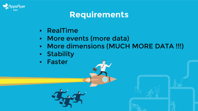 Requirements
• RealTime
• More events (more data)
• More dimensions (MUCH MORE DATA !!!)
• Stability
• Faster
