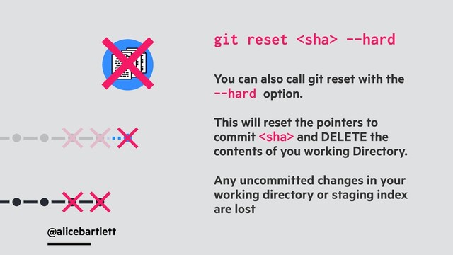 @alicebartlett
You can also call git reset with the
--hard option.
This will reset the pointers to
commit  and DELETE the
contents of you working Directory.
Any uncommitted changes in your
working directory or staging index
are lost
git reset  --hard
