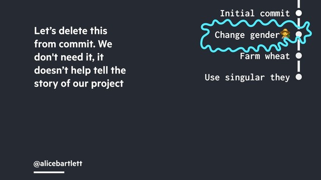 @alicebartlett
Initial commit
Change gender"
Farm wheat
Use singular they
Let’s delete this
from commit. We
don't need it, it
doesn’t help tell the
story of our project
