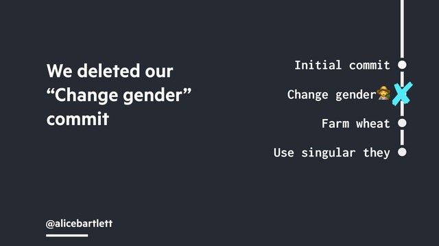@alicebartlett
Initial commit
Change gender"
Farm wheat
Use singular they
We deleted our
“Change gender”
commit
