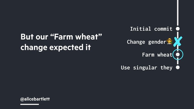 @alicebartlett
Initial commit
Change gender"
Farm wheat
Use singular they
But our “Farm wheat”
change expected it
