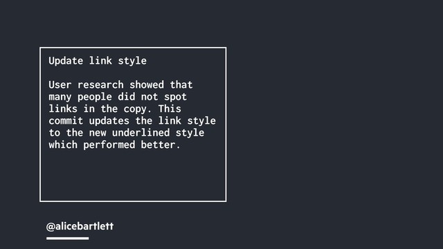 @alicebartlett
Update link style
User research showed that
many people did not spot
links in the copy. This
commit updates the link style
to the new underlined style
which performed better.
