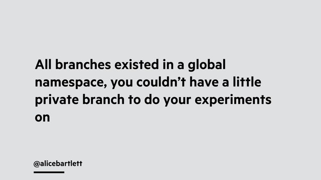 @alicebartlett
All branches existed in a global
namespace, you couldn’t have a little
private branch to do your experiments
on
