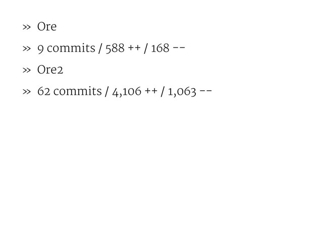 » Ore
» 9 commits / 588 ++ / 168 --
» Ore2
» 62 commits / 4,106 ++ / 1,063 --
