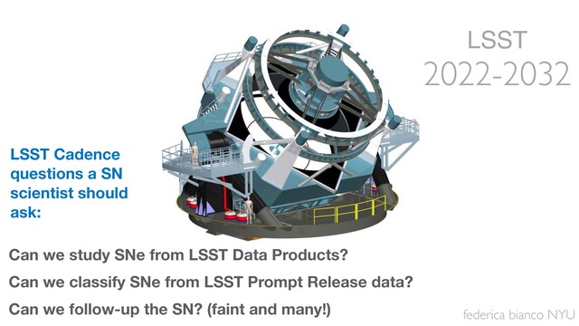 federica bianco NYU
LSST
2022-2032
LSST
2022-2032
2022-2032
Can we study SNe from LSST Data Products?
Can we classify SNe from LSST Prompt Release data?
Can we follow-up the SN? (faint and many!)
LSST Cadence
questions a SN
scientist should
ask:
