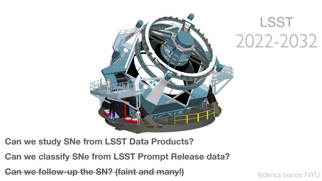 federica bianco NYU
LSST
2022-2032
LSST
2022-2032
2022-2032
Can we study SNe from LSST Data Products?
Can we classify SNe from LSST Prompt Release data?
Can we follow-up the SN? (faint and many!)
