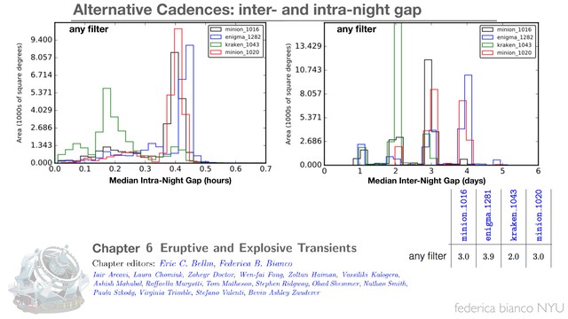 federica bianco NYU
Median Inter-Night Gap (days)
Median Intra-Night Gap (hours)
any ﬁlter
any ﬁlter
Alternative Cadences: inter- and intra-night gap
Chapter
