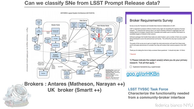 federica bianco NYU
Can we classify SNe from LSST Prompt Release data?
goo.gl/orHKBn
LSST TVSSC Task Force
Characterize the functionality needed
from a community-broker interface
Brokers : Antares (Matheson, Narayan ++)
UK broker (Smartt ++)
