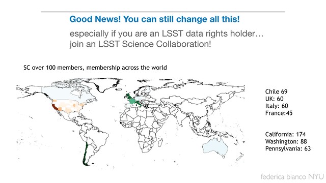 federica bianco NYU
Chile 69
UK: 60
Italy: 60
France:45
 
California: 174
Washington: 88
Pennsylvania: 63
SC over 100 members, membership across the world
Good News! You can still change all this!
especially if you are an LSST data rights holder… 

join an LSST Science Collaboration!
