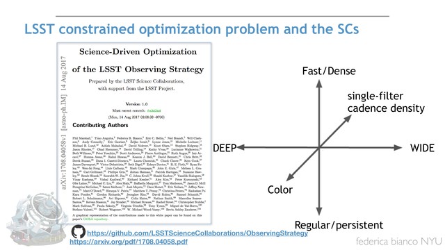 federica bianco NYU
Color
single-filter
cadence density
Regular/persistent
WIDE
DEEP
Fast/Dense
LSST constrained optimization problem and the SCs
https://github.com/LSSTScienceCollaborations/ObservingStrategy
https://arxiv.org/pdf/1708.04058.pdf
