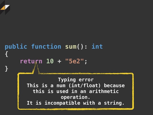 public function sum(): int
{
return 10 + "5e2";
}
Typing error
This is a num (int/float) because
this is used in an arithmetic
operation.
It is incompatible with a string.
