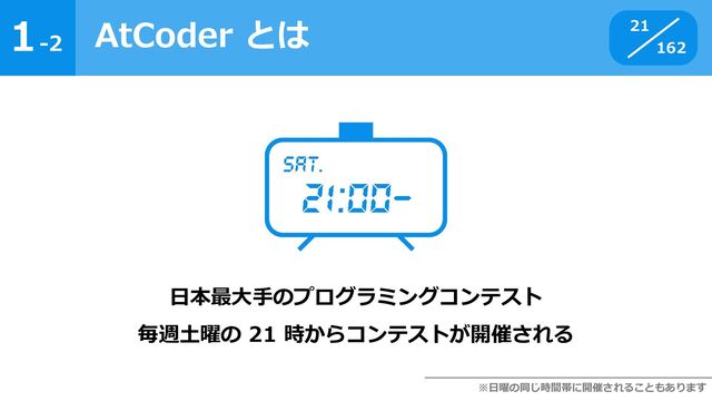 1
162
-2
AtCoder とは 21
日本最大手のプログラミングコンテスト
毎週土曜の 21 時からコンテストが開催される
※日曜の同じ時間帯に開催されることもあります

