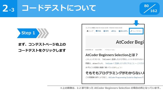 2
162
-3
コードテストについて 80
Step 1
まず、コンテストページ右上の
コードテストをクリックします
※上の画像は、2.2 節で扱った AtCoder Beginners Selection の場合の例となっています。
