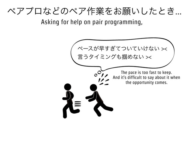 ϖΞϓϩͳͲͷϖΞ࡞ۀΛ͓ئ͍ͨ͠ͱ͖
ϖʔε͕ૣ͍͍͚͗ͯͭͯ͢ͳ͍
ݴ͏λΠϛϯά΋௫Ίͳ͍
Asking for help on pair programming,
The pace is too fast to keep.
And it’s difficult to say about it when
the opportunity comes.
