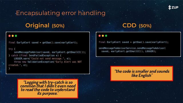 Encapsulating error handling
Original (50%) CDD (50%)
“Logging with try-catch is so
common that I didn’t even need
to read the code to understand
its purpose."
“the code is smaller and sounds
like English"
