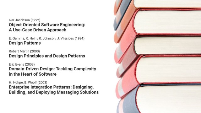 Ivar Jacobson (1992)
Object Oriented Software Engineering:
A Use-Case Driven Approach
E. Gamma, R. Helm, R. Johnson, J. Vlissides (1994)
Design Patterns
Robert Martin (2000)
Design Principles and Design Patterns
Eric Evans (2003)
Domain-Driven Design: Tackling Complexity
in the Heart of Software
H. Hohpe, B. Woolf (2003)
Enterprise Integration Patterns: Designing,
Building, and Deploying Messaging Solutions
