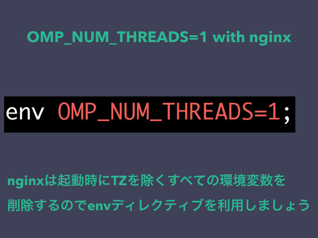 OMP_NUM_THREADS=1 with nginx
env OMP_NUM_THREADS=1;
nginx͸ىಈ࣌ʹTZΛআ͘͢΂ͯͷ؀ڥม਺Λ
࡟আ͢ΔͷͰenvσΟϨΫςΟϒΛར༻͠·͠ΐ͏
