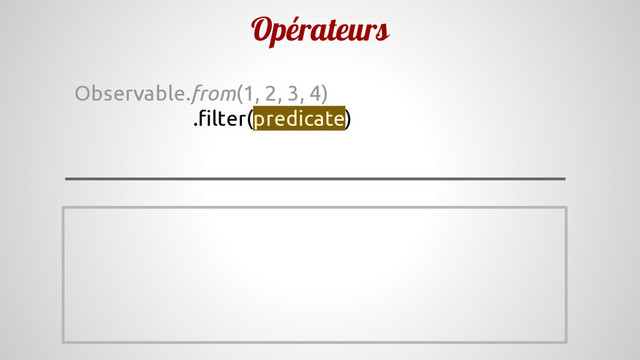 Opérateurs
Observable.from(1, 2, 3, 4)
.filter(predicate)
