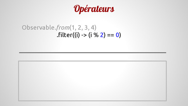 Opérateurs
Observable.from(1, 2, 3, 4)
.filter((i) -> (i % 2) == 0)
