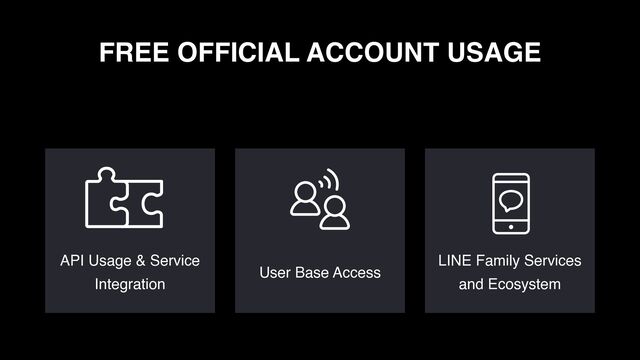 FREE OFFICIAL ACCOUNT USAGE
API Usage & Service
Integration
User Base Access
LINE Family Services
and Ecosystem
