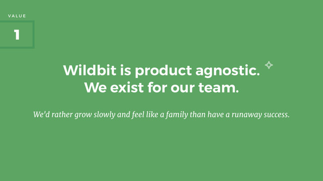 Wildbit is product agnostic.
We exist for our team.
We'd rather grow slowly and feel like a family than have a runaway success.
1
V A L U E
