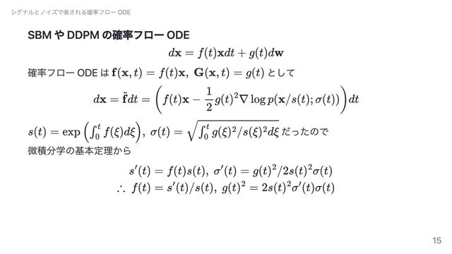SBM や DDPM の確率フロー ODE
確率フロー ODE は として
だったので
微積分学の基本定理から
シグナルとノイズで表される確率フロー ODE
15
