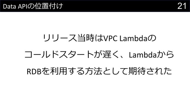 21
Data APIの位置付け
リリース当時はVPC Lambdaの
コールドスタートが遅く、Lambdaから
RDBを利⽤する⽅法として期待された
