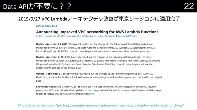 22
Data APIが不要に︖︖
2019/9/27 VPC Lambdaアーキテクチャ改善が東京リージョンに適⽤完了
https://aws.amazon.com/jp/blogs/compute/announcing-improved-vpc-networking-for-aws-lambda-functions/
