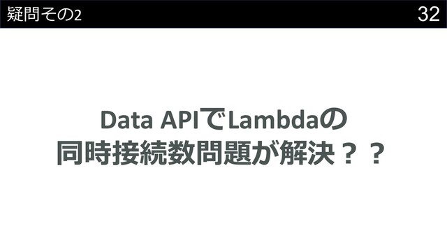 32
疑問その2
Data APIでLambdaの
同時接続数問題が解決︖︖
