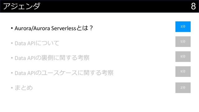 8
アジェンダ
無駄なコスト
• Aurora/Aurora Serverlessとは︖ 3分
• Data APIの裏側に関する考察
• Data APIについて
• Data APIのユースケースに関する考察
5分
9分
9分
• まとめ 2分
