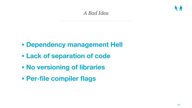 A Bad Idea
• Dependency management Hell
• Lack of separation of code
• No versioning of libraries
• Per-ﬁle compiler ﬂags
14
