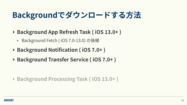 Backgroundでダウンロードする⽅法
‣ Background App Refresh Task ( iOS . + )
• Background Fetch ( iOS . - . ) の後継
‣ Background Notiﬁcation ( iOS . + )
‣ Background Transfer Service ( iOS . + )
‣ Background Processing Task ( iOS . + )
