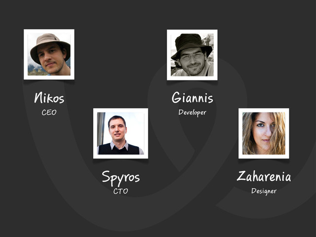 Nikos
CEO
Spyros
CTO
Giannis
Developer
Zaharenia
Designer
