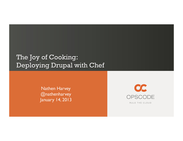 The Joy of Cooking:
Deploying Drupal with Chef
Nathen Harvey	

@nathenharvey	

January 14, 2013	

