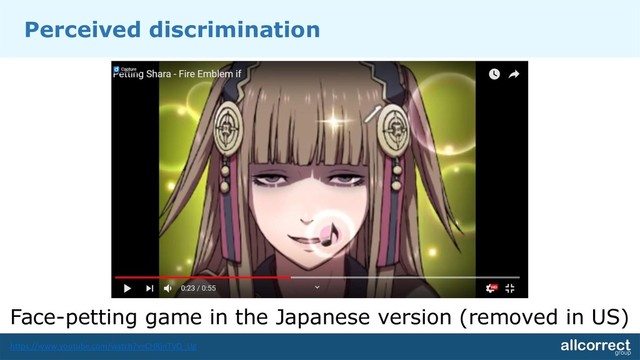 Perceived discrimination
Face-petting game in the Japanese version (removed in US)
https://www.youtube.com/watch?v=CHRjnTVQ_Ug
