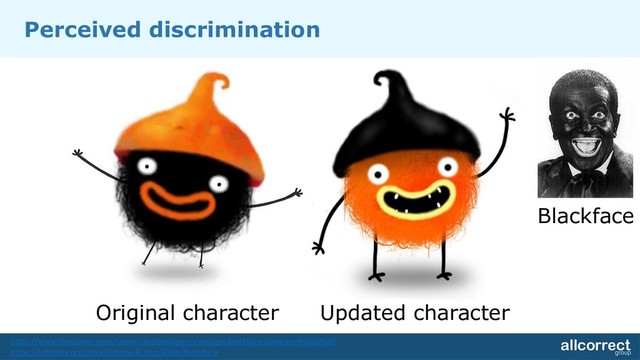 Original character Updated character
Blackface
Perceived discrimination
https://www.thegamer.com/samorost-developers-redesign-blackface-compared-chuchel/
https://tvtropes.org/pmwiki/pmwiki.php/Main/Blackface
