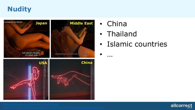 Nudity
• China
• Thailand
• Islamic countries
• …
https://www.youtube.com/watch?v=Gxg5INjNopo
https://rainbow6.ubisoft.com/siege/en-us/news/152-337194-16/aesthetic-changes-in-y3s4
Japan Middle East
USA China
