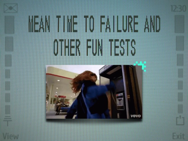 View Exit
✉ 12:30
⏚
⏍














Mean time to failure and
other fun tests
