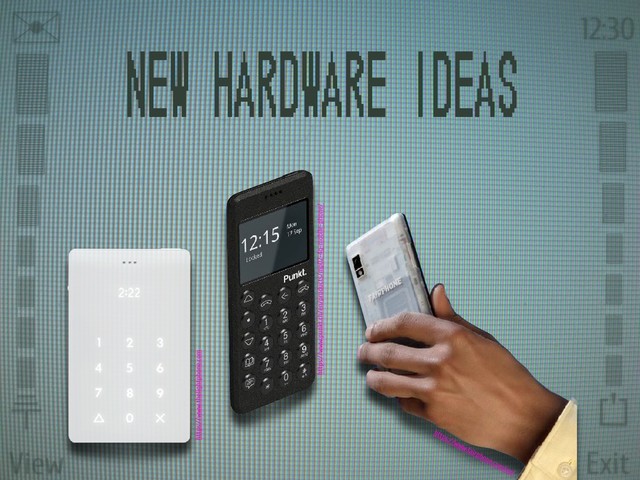 View Exit
✉ 12:30
⏚
⏍














New hardware ideas
https://www.thelightphone.com
https://www.punkt.ch/en/products/mp02-4g-mobile-phone/
https://www.fairphone.com/en/
