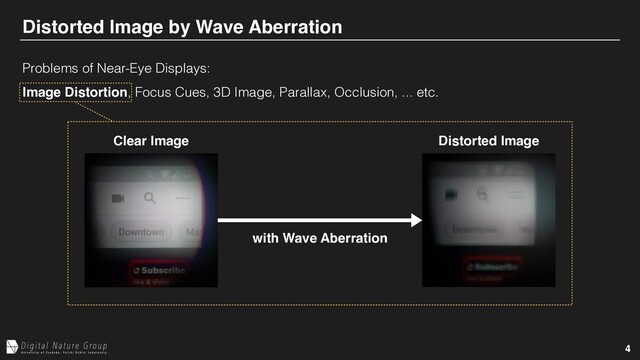 4
Distorted Image by Wave Aberration
with Wave Aberration
Clear Image Distorted Image
Problems of Near-Eye Displays:
Image Distortion, Focus Cues, 3D Image, Parallax, Occlusion, ... etc.
