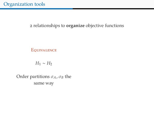 Organization tools
relationships to organize objective functions
E
H1
∼ H2
Order partitions σA
, σB the
same way
