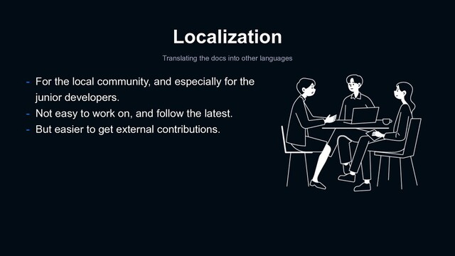 Localization
Translating the docs into other languages
- For the local community, and especially for the
junior developers.
- Not easy to work on, and follow the latest.
- But easier to get external contributions.
