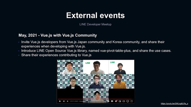 External events
LINE Developer Meetup
May, 2021 - Vue.js with Vue.js Community
- Invite Vue.js developers from Vue.js Japan community and Korea community, and share their
experiences when developing with Vue.js.
- Introduce LINE Open Source Vue.js library, named vue-pivot-table-plus, and share the use cases.
- Share their experiences contributing to Vue.js
https://youtu.be/2WLsg6LRa_s
