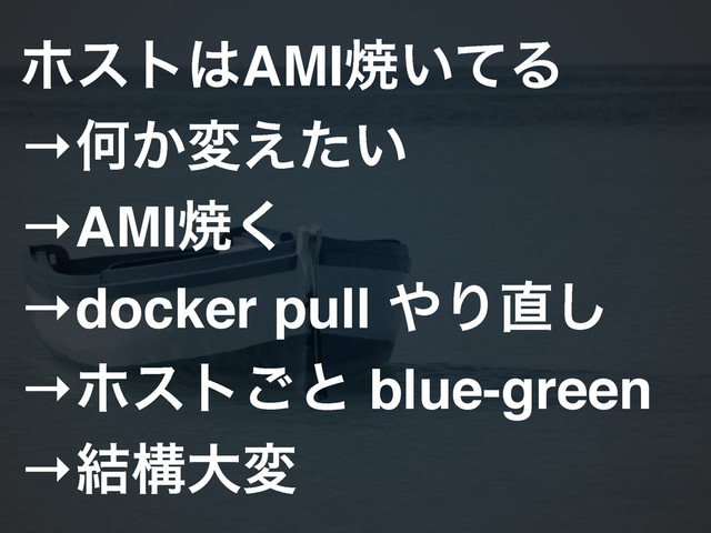 ϗετ͸AMIম͍ͯΔ!
→Կ͔ม͍͑ͨ!
→AMIম͘!
→docker pull ΍Γ௚͠!
→ϗετ͝ͱ blue-green!
→݁ߏେม
