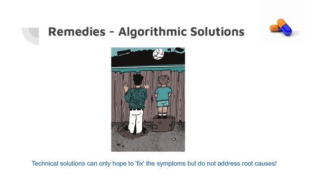 Remedies - Algorithmic Solutions
Technical solutions can only hope to 'fix' the symptoms but do not address root causes!
