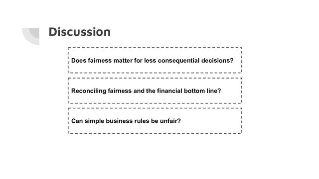 Discussion
Can simple business rules be unfair?
Does fairness matter for less consequential decisions?
Reconciling fairness and the financial bottom line?
